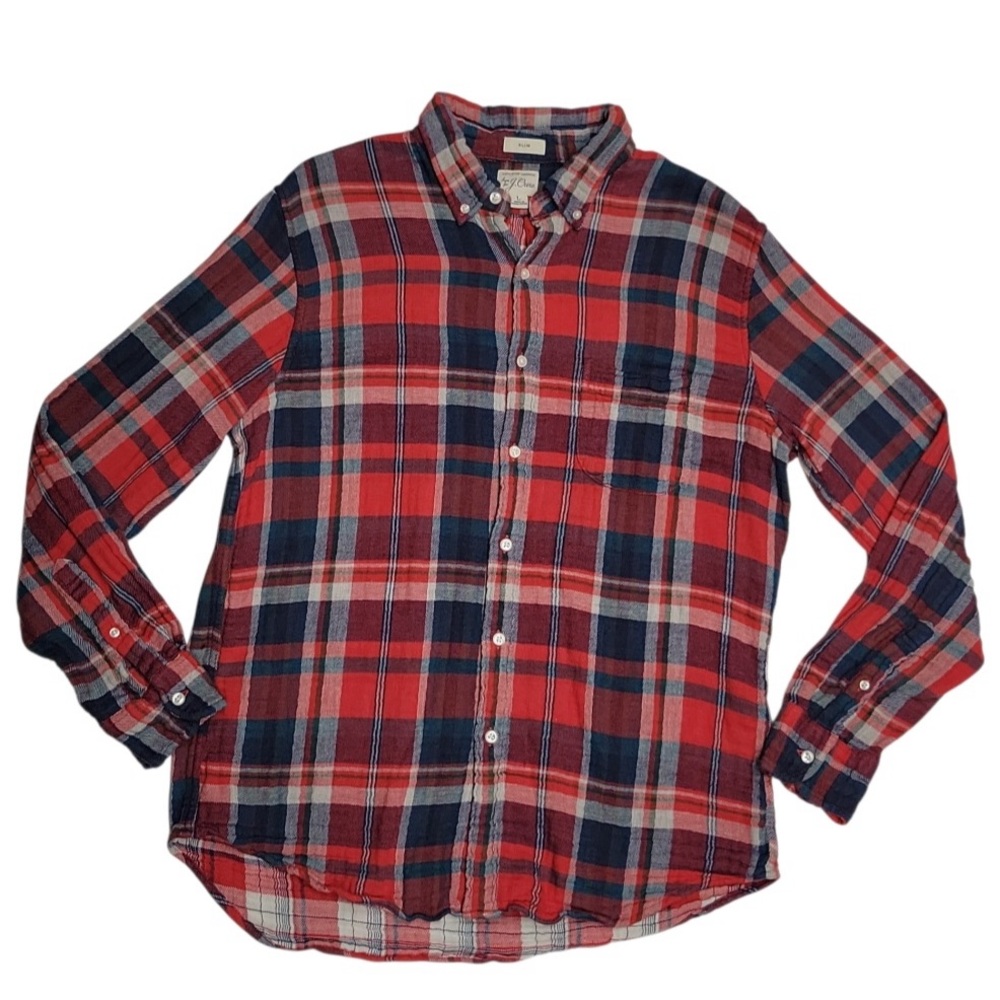 J.CREW Men's Red/Navy Plaid Cotton Slim-Fit Button-Up Long Sleeve Shirt SZ‎ L